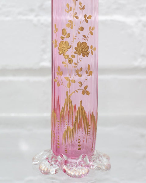 ANTIQUE MOSER LIGHT PINK BUD VASE WITH FLORAL GILDING