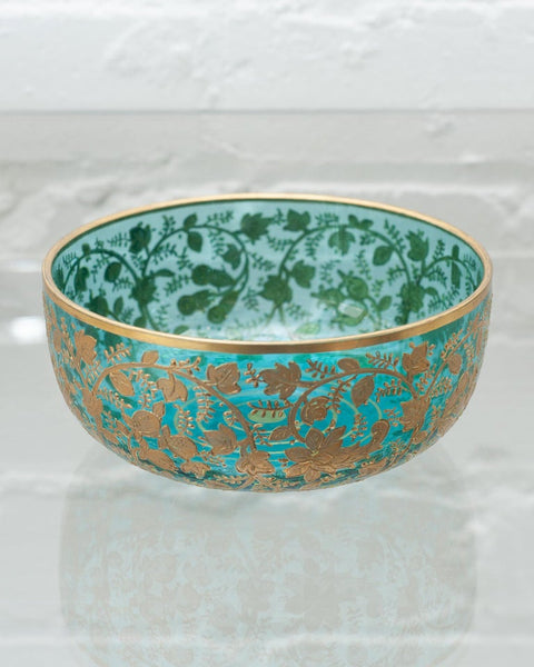 ANTIQUE MOSER TURQUOISE CRYSTAL BOWL WITH HEAVY FLORAL GILDING