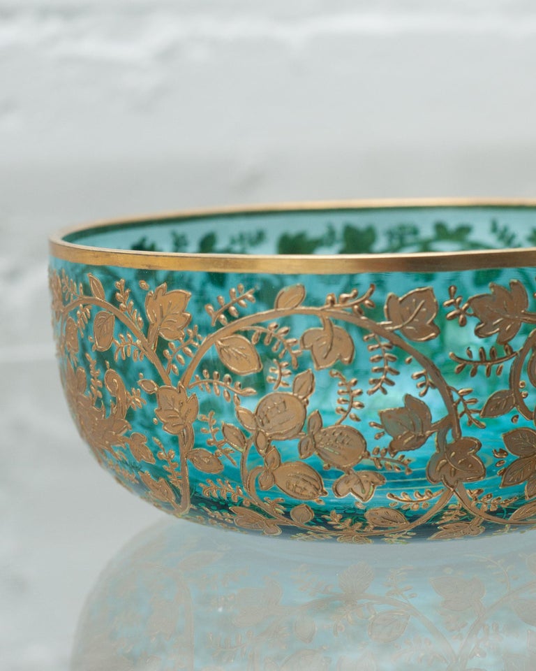 ANTIQUE MOSER TURQUOISE CRYSTAL BOWL WITH HEAVY FLORAL GILDING