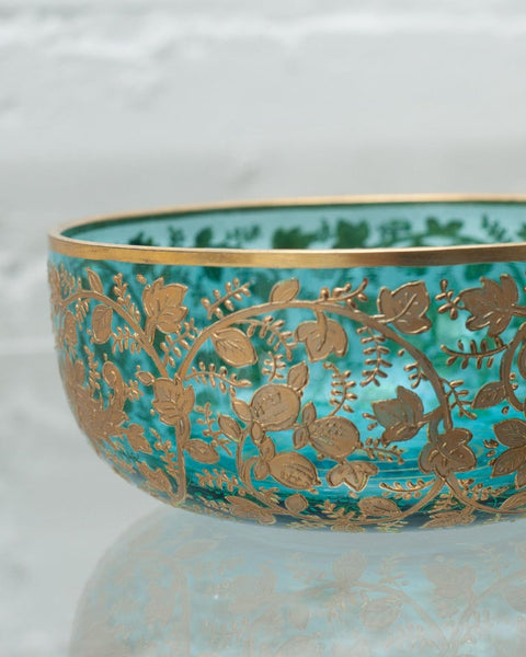 ANTIQUE MOSER TURQUOISE CRYSTAL BOWL WITH HEAVY FLORAL GILDING