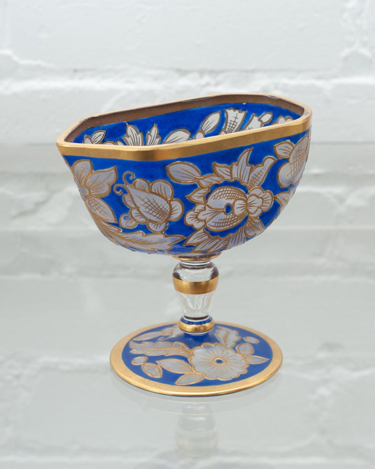 ANTIQUE BOHEMIAN BLUE AND GOLD GILT SAUCE BOAT