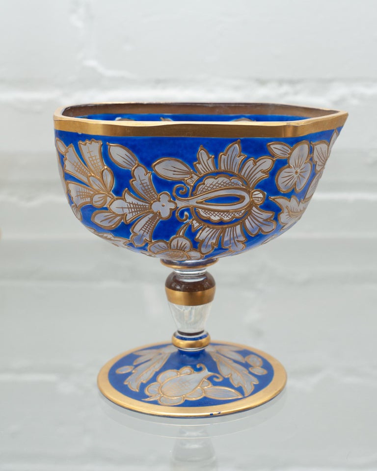 ANTIQUE BOHEMIAN BLUE AND GOLD GILT SAUCE BOAT