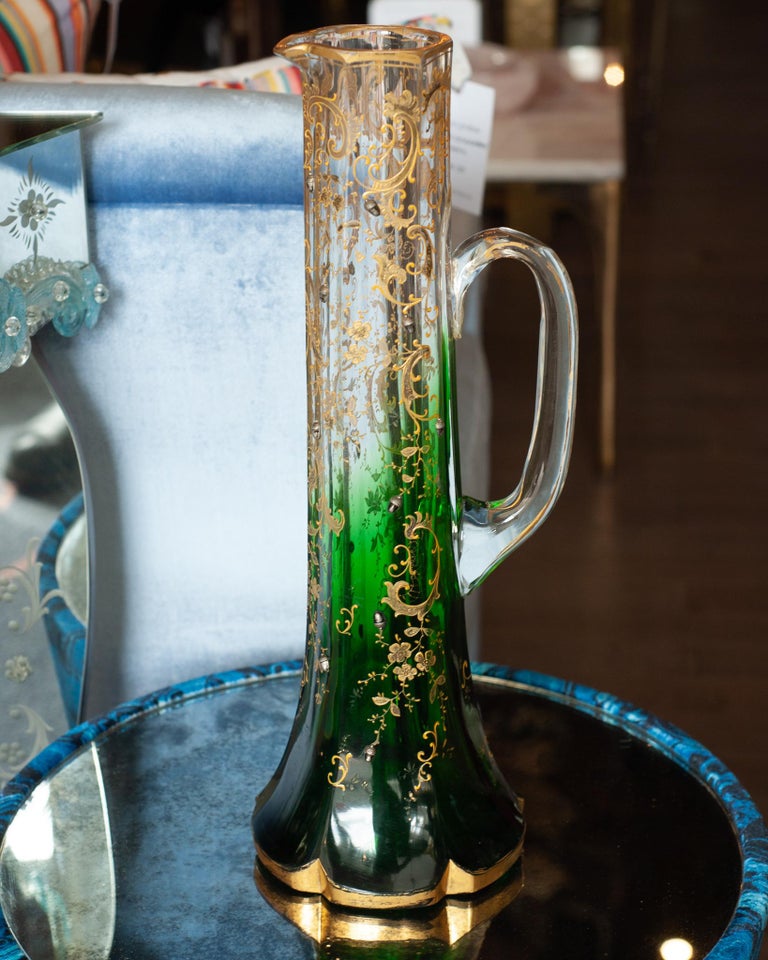ANTIQUE MOSER CLEAR TO GREEN EWER / PITCHER WITH GILDING AND ACORNS