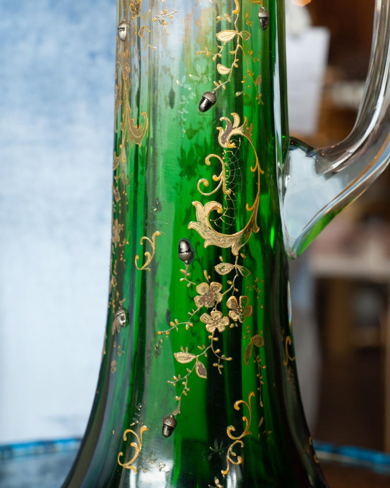 ANTIQUE MOSER CLEAR TO GREEN EWER / PITCHER WITH GILDING AND ACORNS