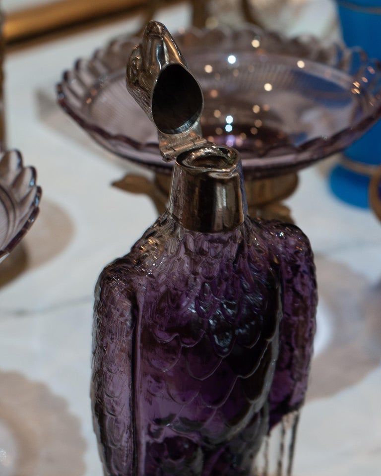 ANTIQUE AMETHYST GLASS & STERLING SILVER EAGLE DECANTER
