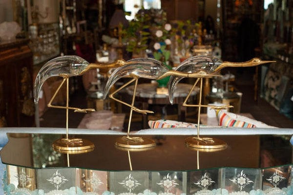 MID CENTURY TRIO OF ITALIAN GLASS AND BRONZE CRANES