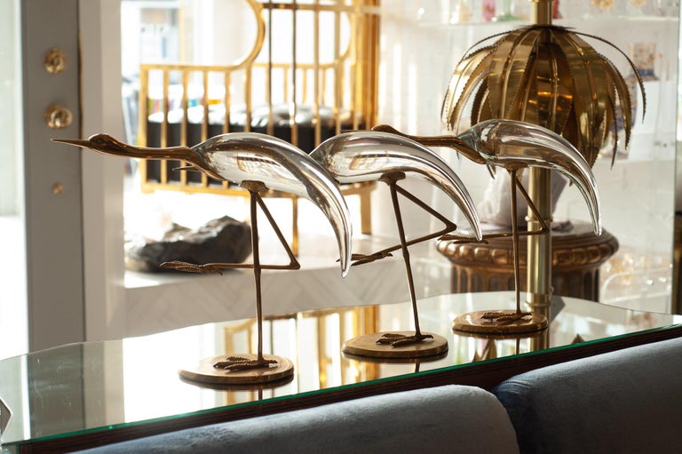 MID CENTURY TRIO OF ITALIAN GLASS AND BRONZE CRANES