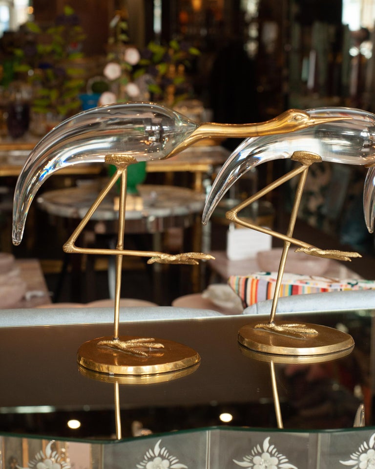 MID CENTURY TRIO OF ITALIAN GLASS AND BRONZE CRANES