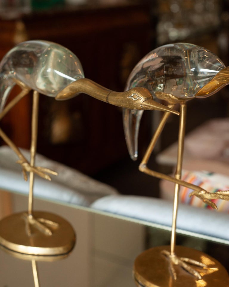 MID CENTURY TRIO OF ITALIAN GLASS AND BRONZE CRANES