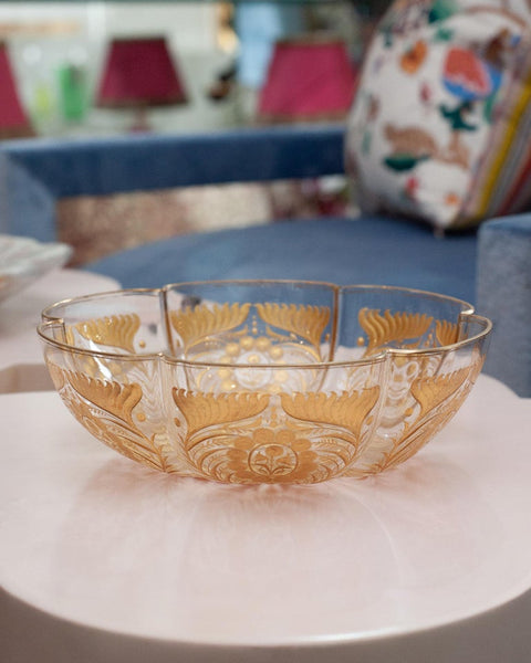 ANTIQUE MOSER LARGE CLEAR CRYSTAL DISH WITH FLORAL GILDING