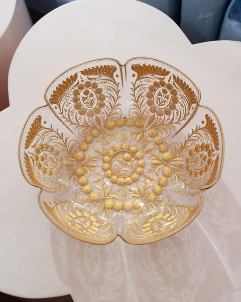 ANTIQUE MOSER LARGE CLEAR CRYSTAL DISH WITH FLORAL GILDING