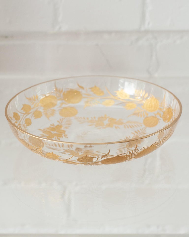 ANTIQUE MOSER MEDIUM CLEAR CRYSTAL DISH WITH FLORAL GILDING
