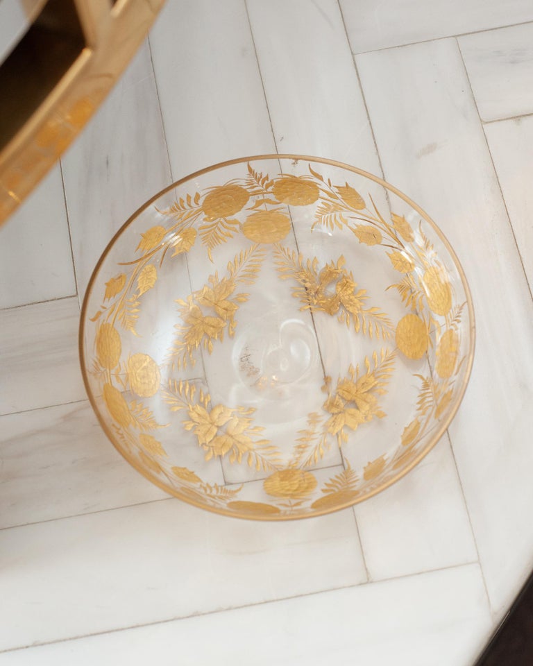 ANTIQUE MOSER MEDIUM CLEAR CRYSTAL DISH WITH FLORAL GILDING
