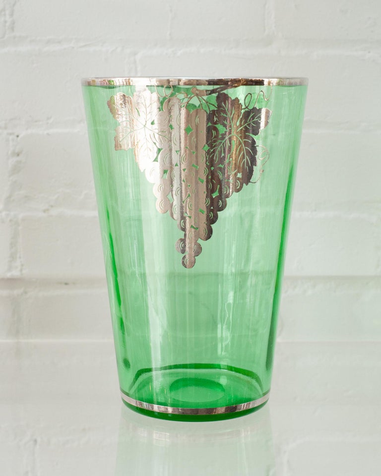 ANTIQUE BOHEMIAN GREEN GLASS VASE WITH STERLING SILVER OVERLAY