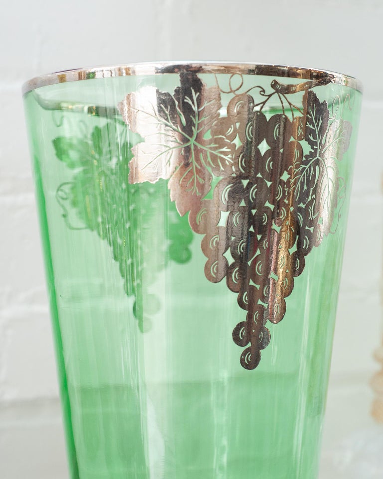 ANTIQUE BOHEMIAN GREEN GLASS VASE WITH STERLING SILVER OVERLAY