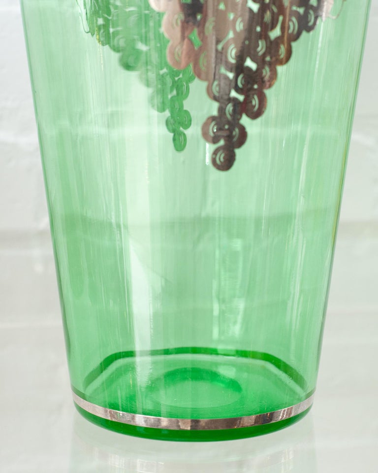 ANTIQUE BOHEMIAN GREEN GLASS VASE WITH STERLING SILVER OVERLAY