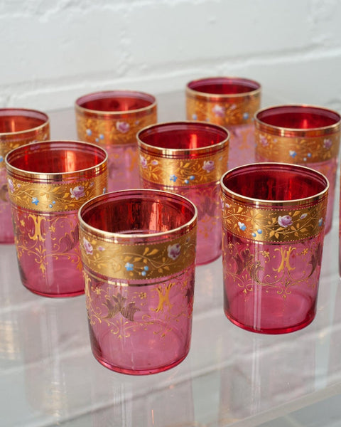 ANTIQUE SET OF 9 MOSER GILDED CRANBERRY GLASSES
