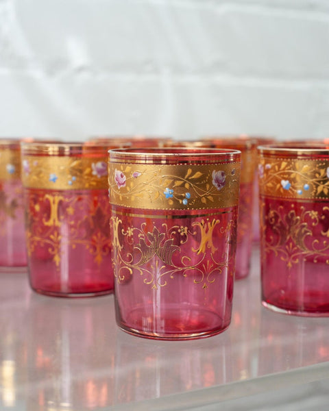 ANTIQUE SET OF 9 MOSER GILDED CRANBERRY GLASSES