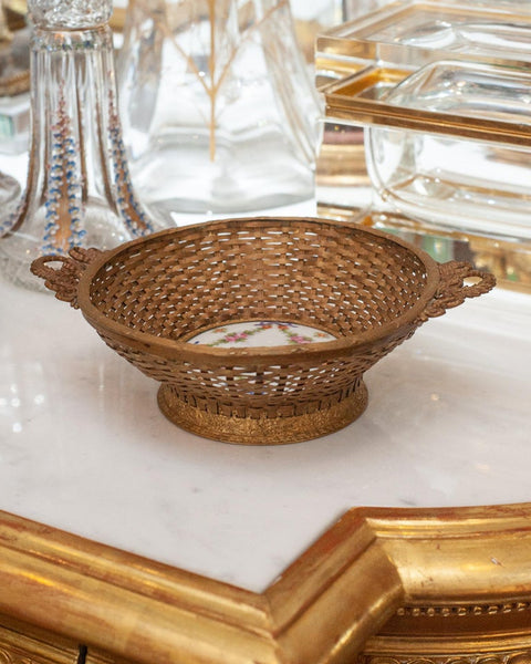 ANTIQUE FRENCH WOVEN BRONZE AND PORCELAIN BASKET