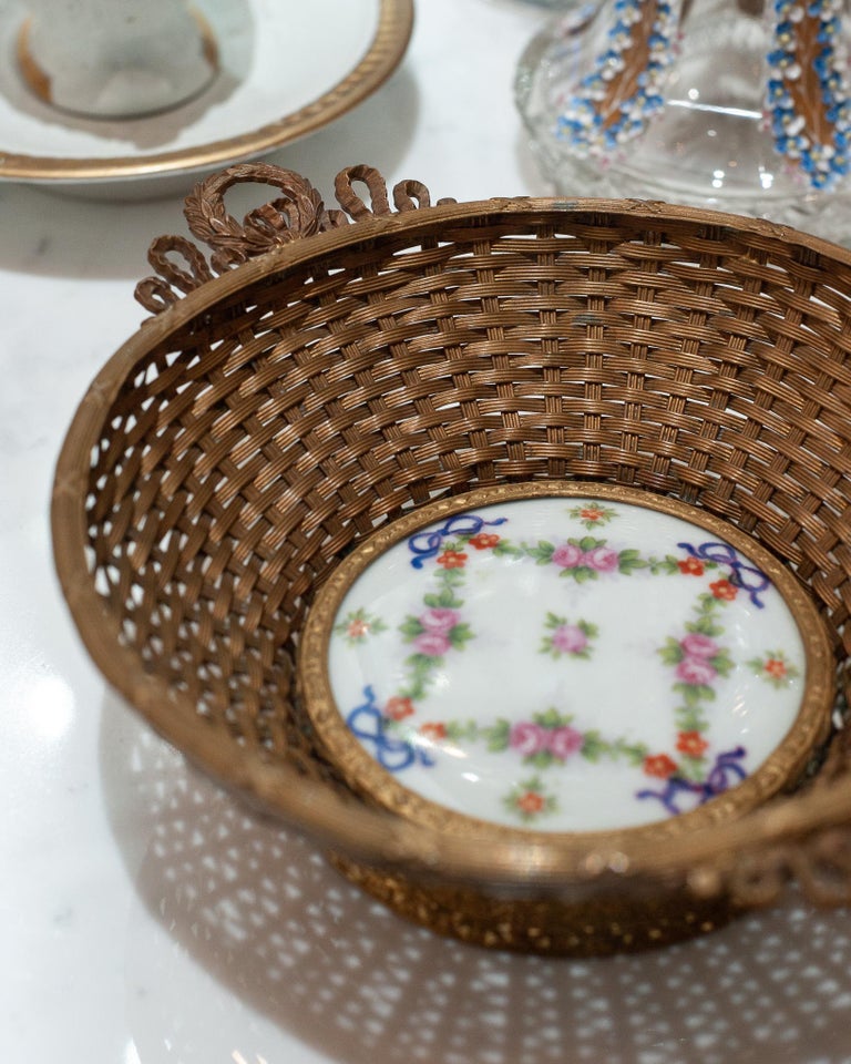 ANTIQUE FRENCH WOVEN BRONZE AND PORCELAIN BASKET