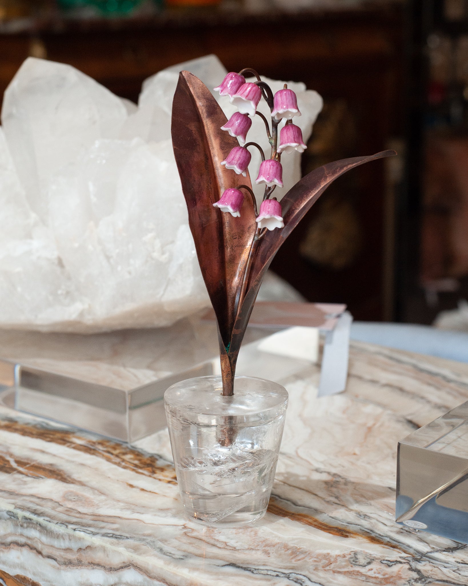 PORCELAIN PINK LILY OF THE VALLEY IN A ROCK CRYSTAL POT