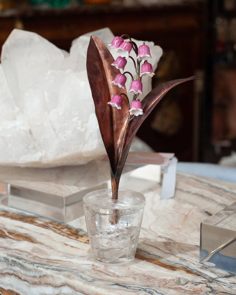 PORCELAIN PINK LILY OF THE VALLEY IN A ROCK CRYSTAL POT