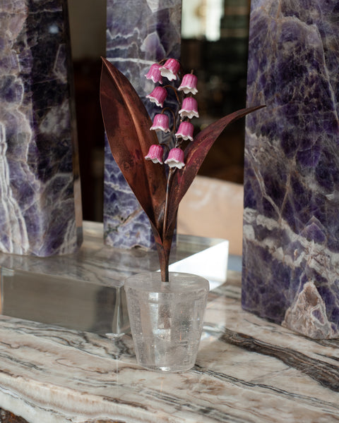 PORCELAIN PINK LILY OF THE VALLEY IN A ROCK CRYSTAL POT