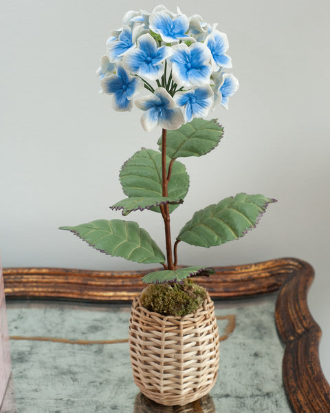 PORCELAIN GLAZED BLUE HYDRANGEA IN A WICKER POT