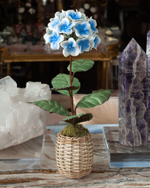 PORCELAIN GLAZED BLUE HYDRANGEA IN A WICKER POT