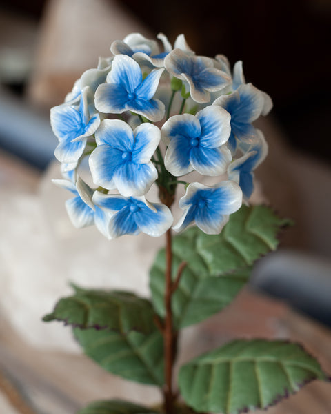 PORCELAIN GLAZED BLUE HYDRANGEA IN A WICKER POT