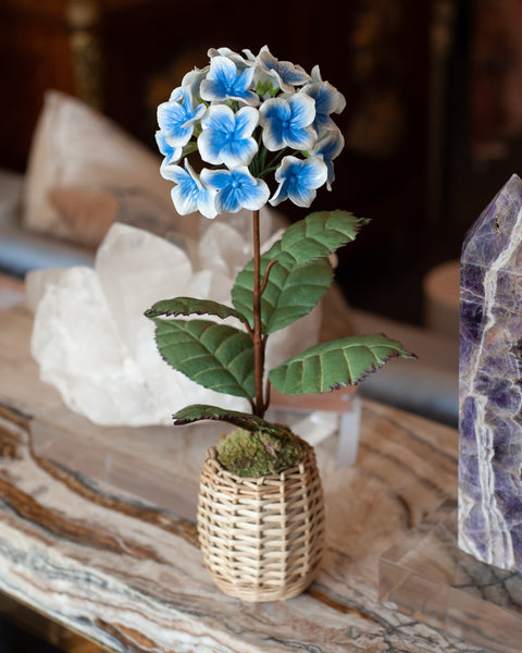 PORCELAIN GLAZED BLUE HYDRANGEA IN A WICKER POT