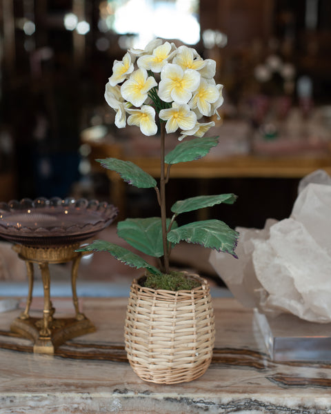 PORCELAIN GLAZED YELLOW HYDRANGEA IN A WICKER POT