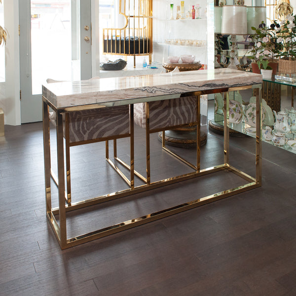 CONTEMPORARY ONYX AND POLISHED BRASS CONSOLE TABLE