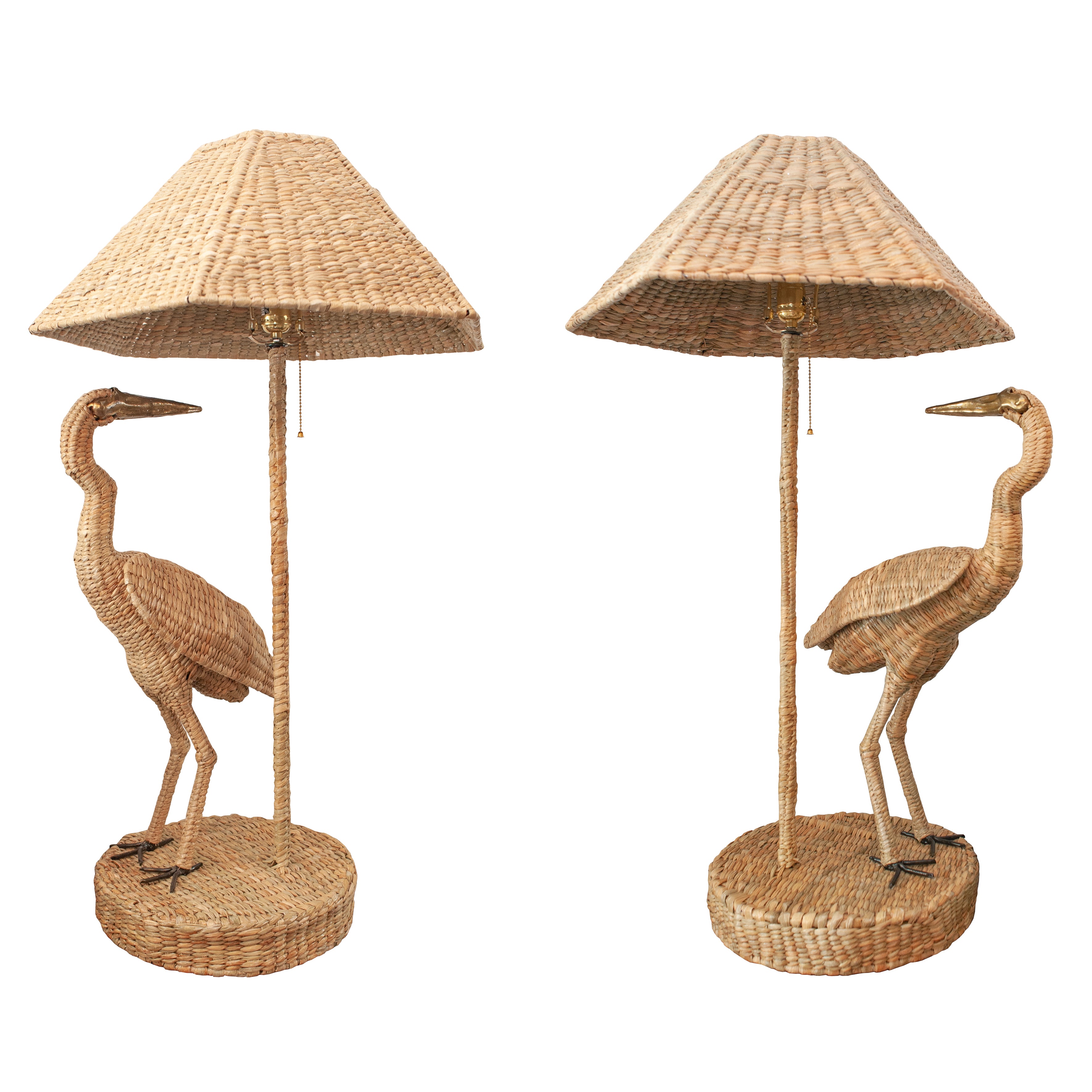 CONTEMPORARY MARIO LOPEZ TORRES PAIR OF WOVEN RATTAN CRANE TABLE LAMPS