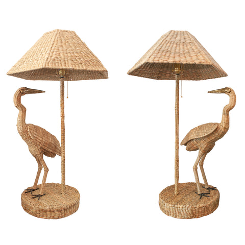 CONTEMPORARY MARIO LOPEZ TORRES PAIR OF WOVEN RATTAN CRANE TABLE LAMPS