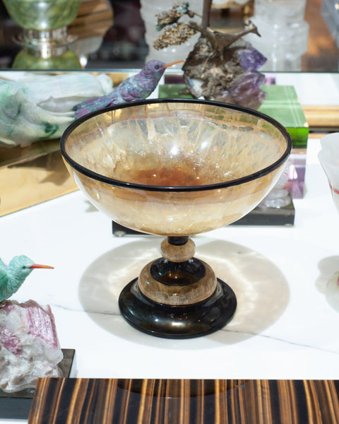 MID CENTURY GOLDEN FLUORITE AND BLACK ONYX FOOTED BOWL