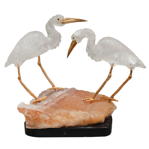 MID CENTURY PAIR OF ROCK CRYSTAL CRANES ON A ORANGE CALCITE AND BLACK MARBLE BASE