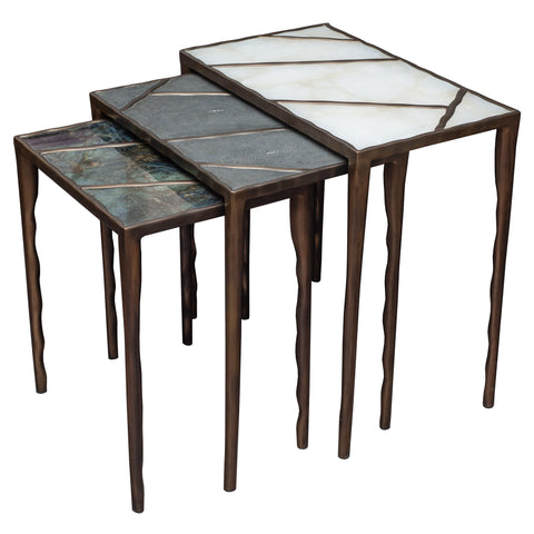 CONTEMPORARY R&Y AUGOUSTI PARIS WHITE QUARTZ, SHAGREEN, AND LABRADORITE MELTING II NESTING TABLES