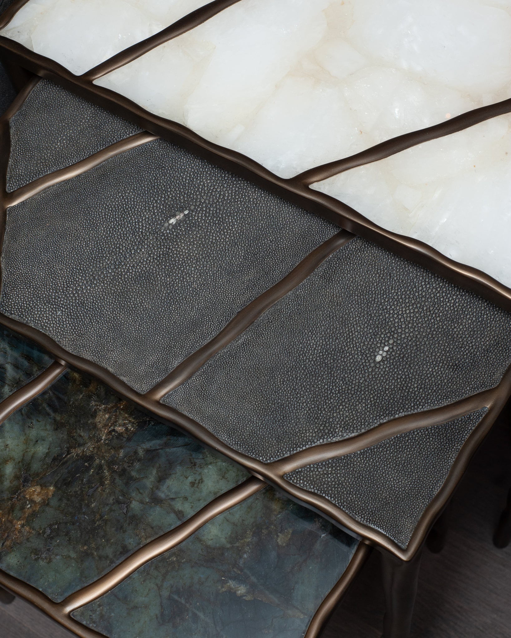 CONTEMPORARY R&Y AUGOUSTI PARIS WHITE QUARTZ, SHAGREEN, AND LABRADORITE MELTING II NESTING TABLES