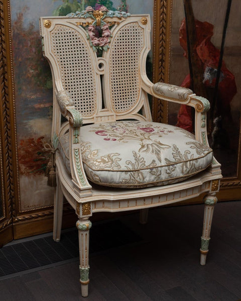 ANTIQUE FRENCH HANDPAINTED CHAIR WITH CANE WEBBING AND BROCADE FABRIC