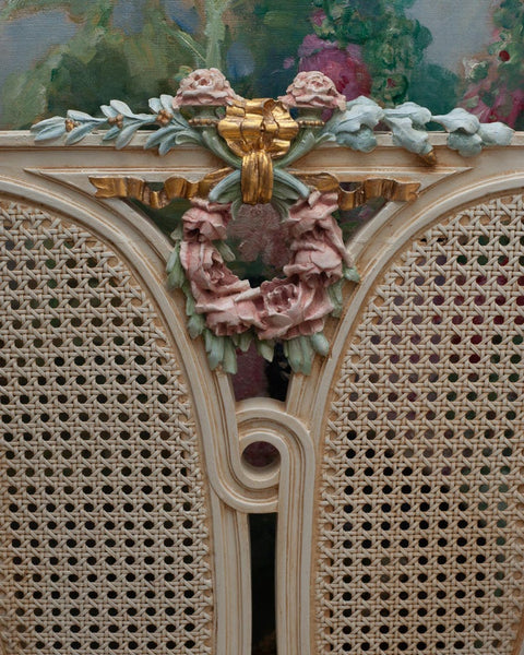 ANTIQUE FRENCH HANDPAINTED CHAIR WITH CANE WEBBING AND BROCADE FABRIC