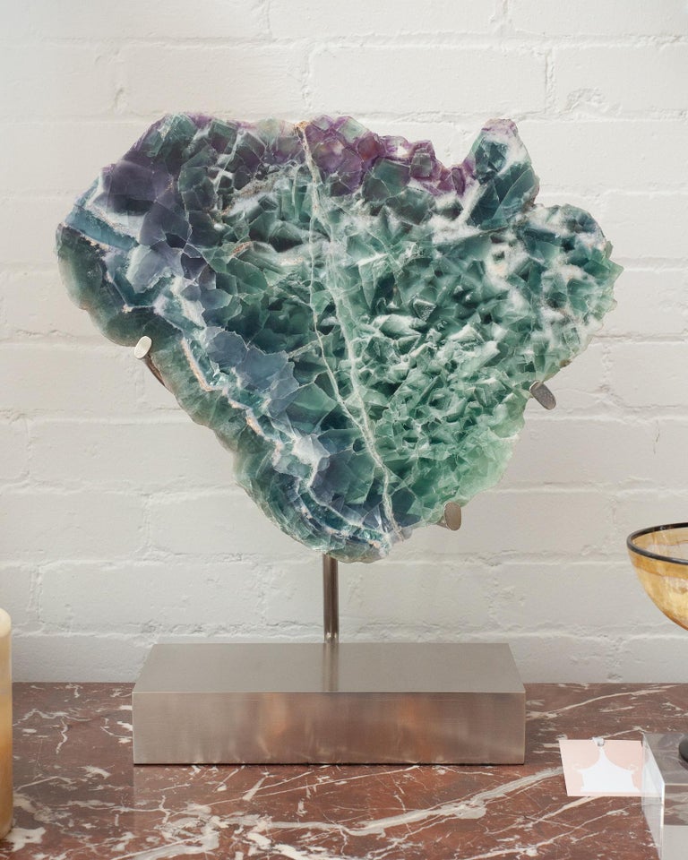 STUDIO MAISON NURITA MASSIVE FLUORITE SLICE ON CUSTOM BRUSHED NICKEL BASE
