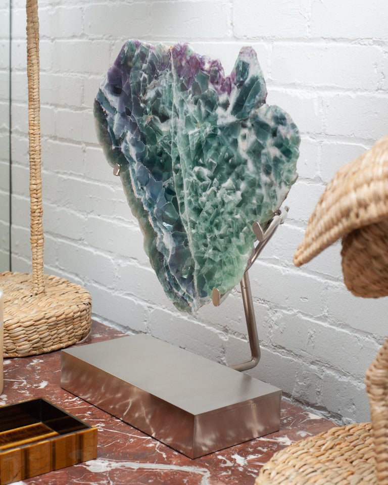 STUDIO MAISON NURITA MASSIVE FLUORITE SLICE ON CUSTOM BRUSHED NICKEL BASE
