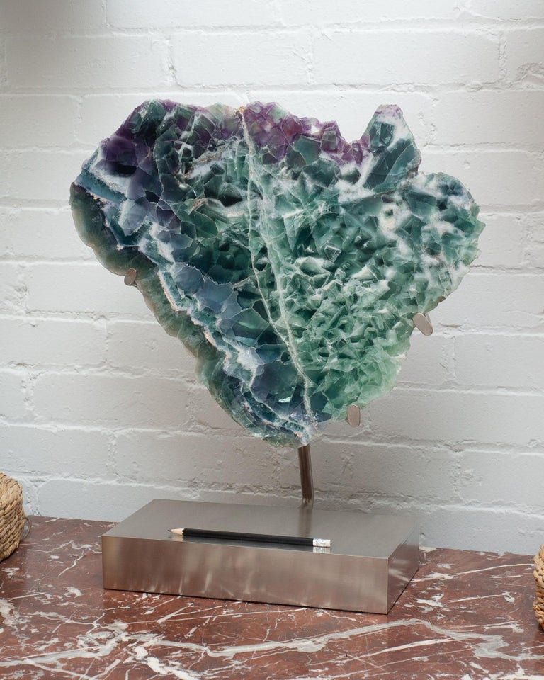STUDIO MAISON NURITA MASSIVE FLUORITE SLICE ON CUSTOM BRUSHED NICKEL BASE