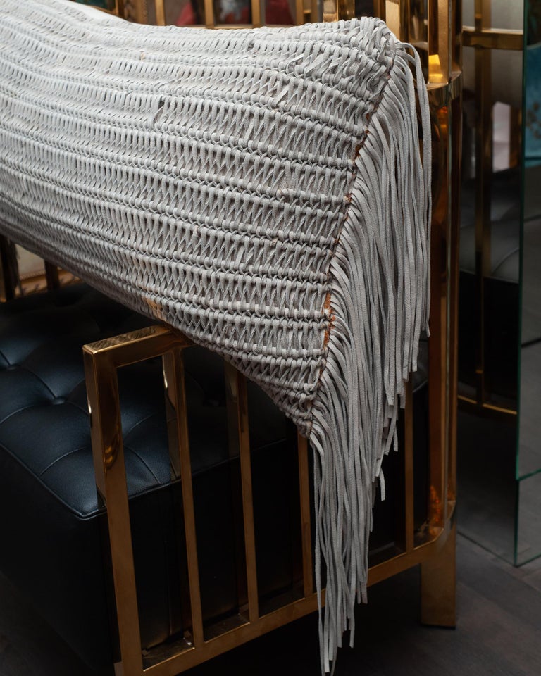 LARGE SCALE GREY WOVEN SUEDE PILLOW WITH FRINGE