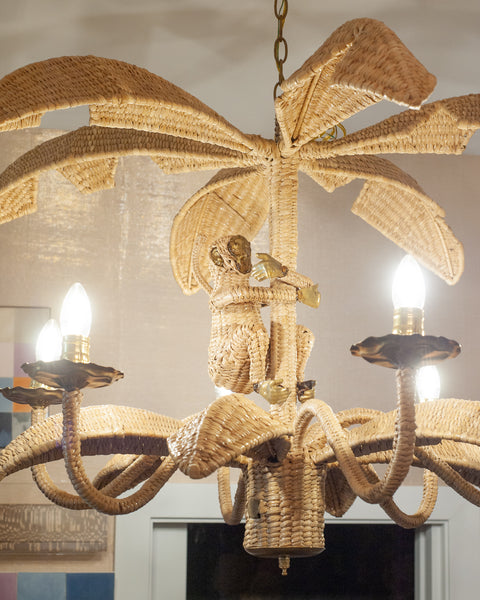 CONTEMPORARY MARIO LOPEZ TORRES WOVEN RATTAN MONKEY CHANDELIER WITH BRASS FACE