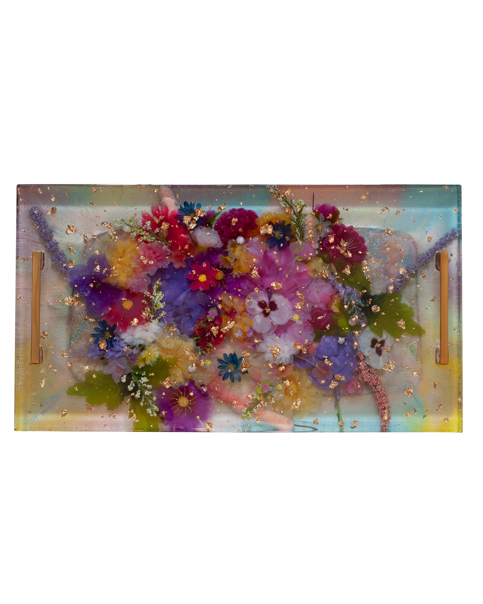 CONTEMPORARY ACRYLIC SERVING TRAY WITH SILK FLOWERS, GOLD LEAF AND GOLD HANDLES