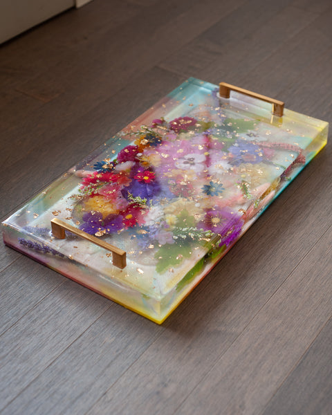 CONTEMPORARY ACRYLIC SERVING TRAY WITH SILK FLOWERS, GOLD LEAF AND GOLD HANDLES