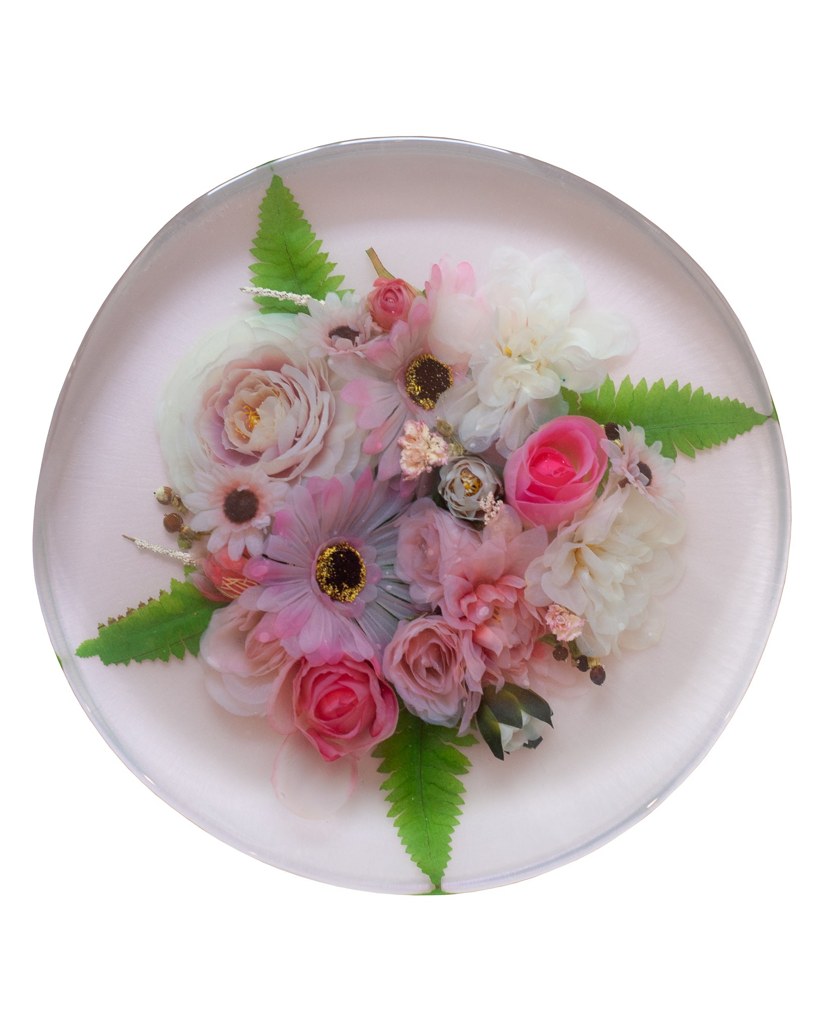 CONTEMPORARY ACRYLIC CAKE SERVING PLATE WITH SILK FLOWERS