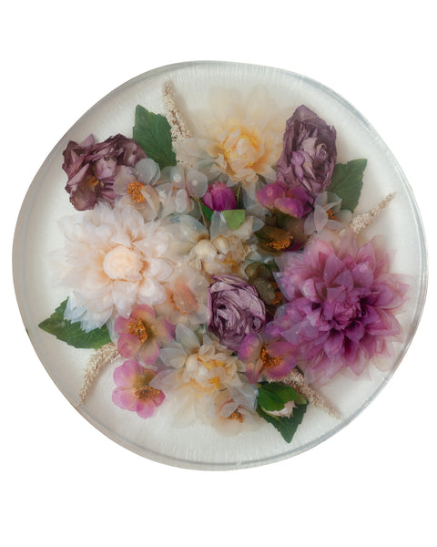 CONTEMPORARY ACRYLIC CAKE SERVING PLATE WITH SILK FLOWERS